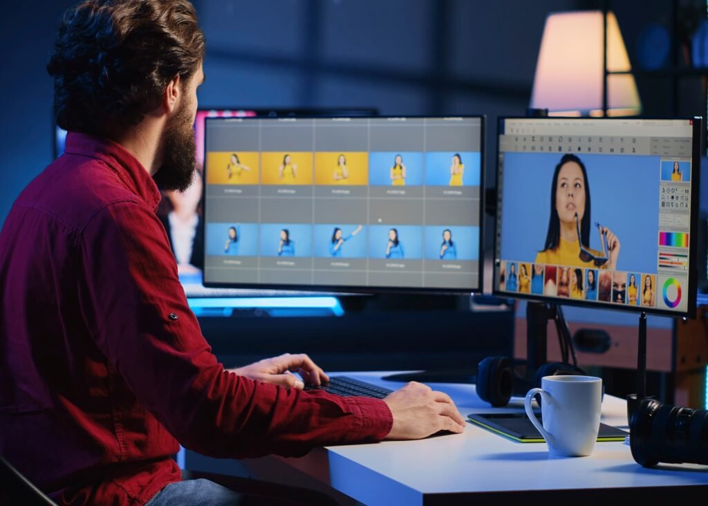 The computer screen shows a Photoshop interface with portrait photo retouching.