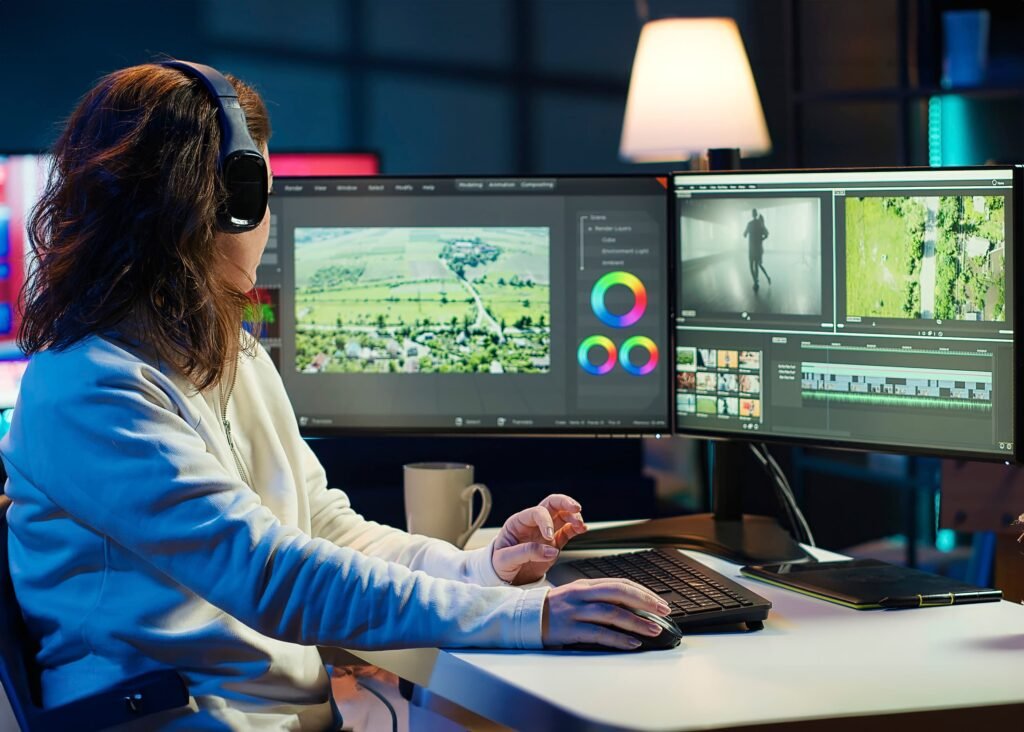 Close-up of video editor working on Adobe Premiere Pro with video and audio timeline.