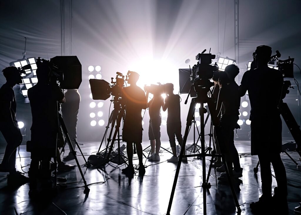 A professional cinematographer operating a video camera with a cinematic lighting setup.